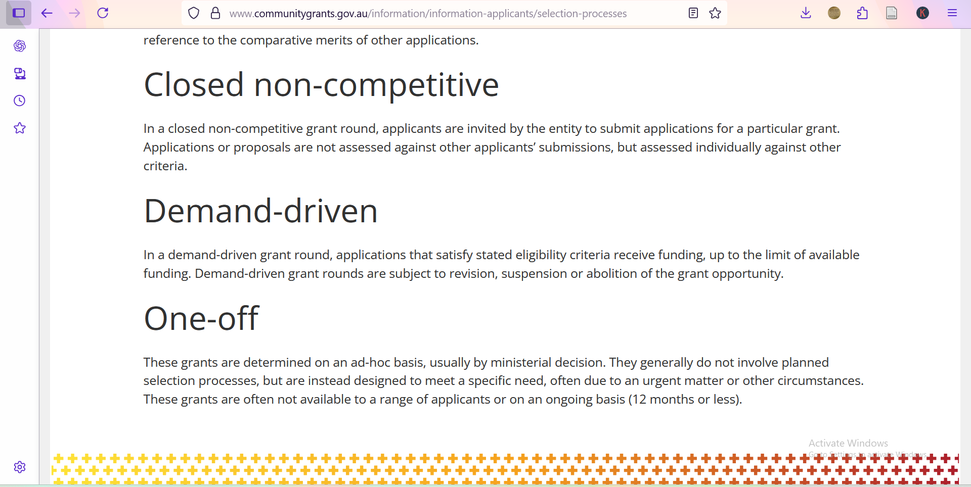 Screenshot of closed grant portal
